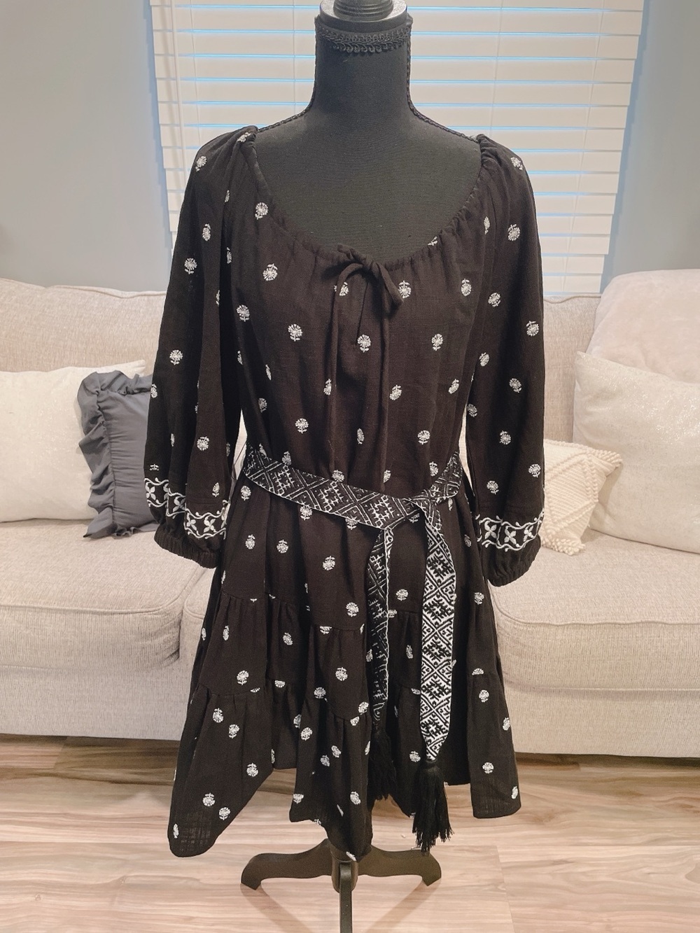A Loves a Black Embroidered Mini Dress with Belt, size M.